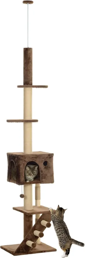 PawHut Floor to Ceiling Cat Tree, Adjustable Height 89"-104" with Scratching Posts, Condo, 3-Steps, Perches, Hanging Ball & Anti-Tip Kit, Cat Tower for Large Adult Cat - Brown
