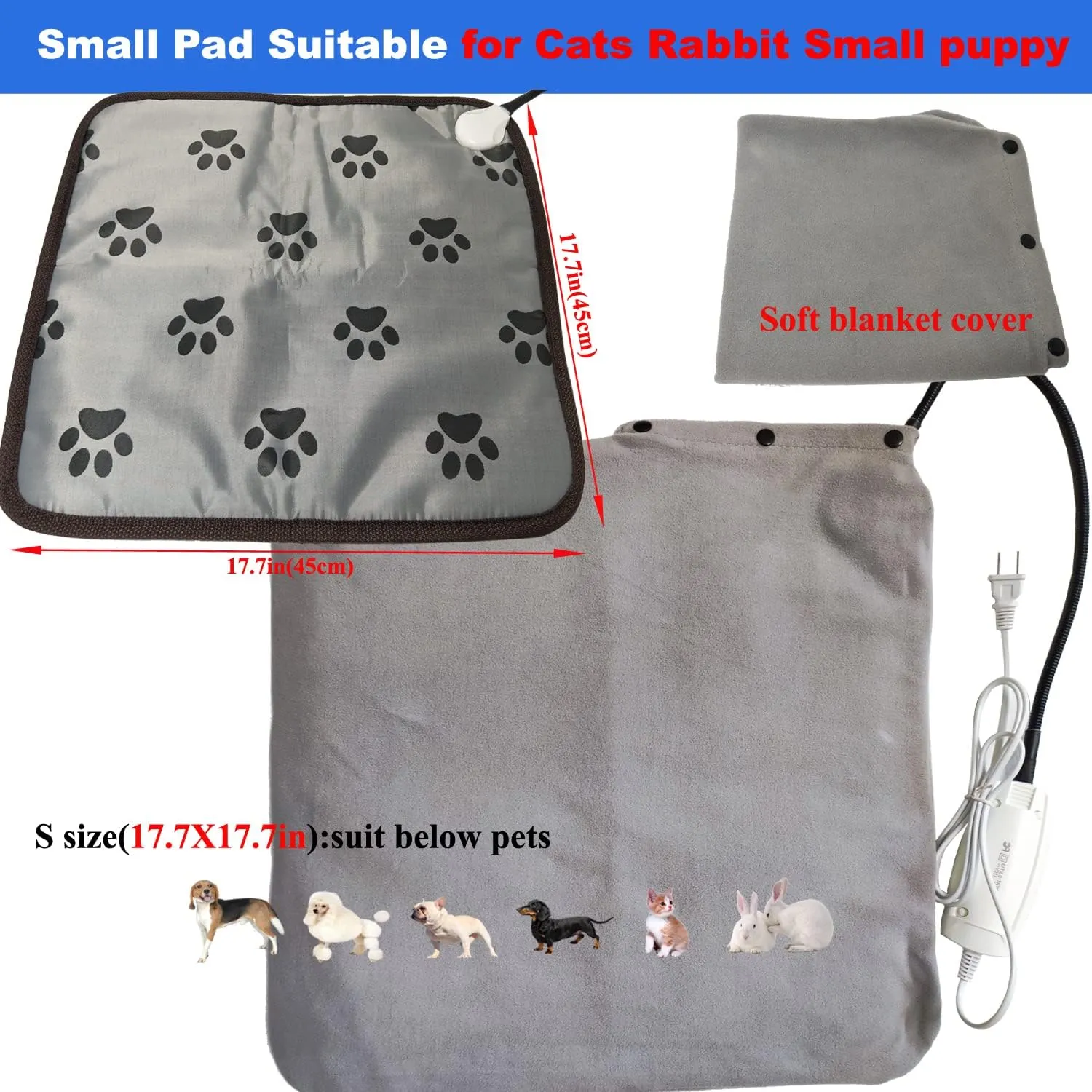 Pet Heating Pad for Small Dog & Cat - Soft Washable Cover, Electric, Water & Chew Resistant Cord