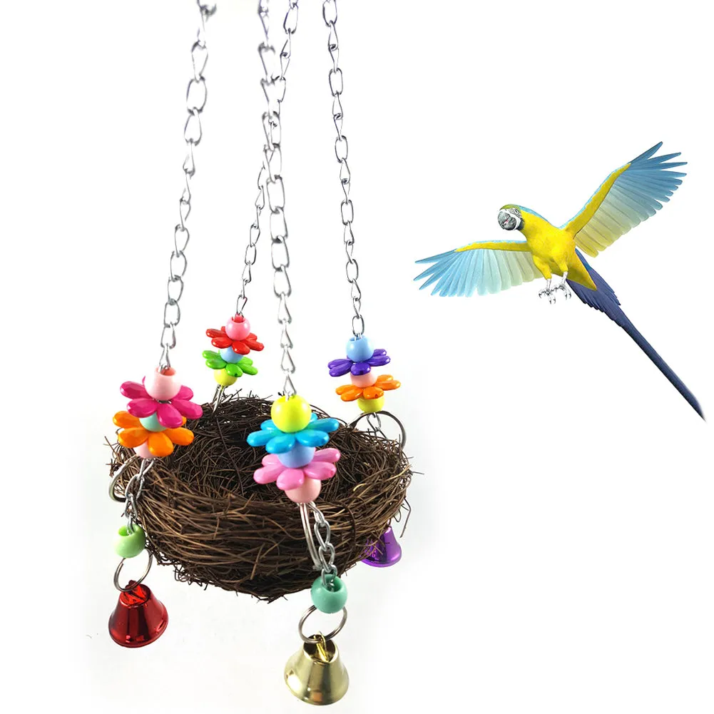Pet Rattan Nest Bird Swing Toy with Bells,Hanging Bird Chewing Toy