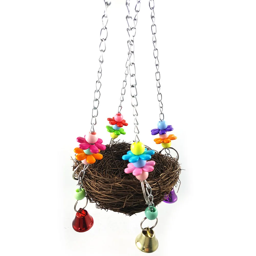 Pet Rattan Nest Bird Swing Toy with Bells,Hanging Bird Chewing Toy