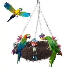 Pet Rattan Nest Bird Swing Toy with Bells,Hanging Bird Chewing Toy
