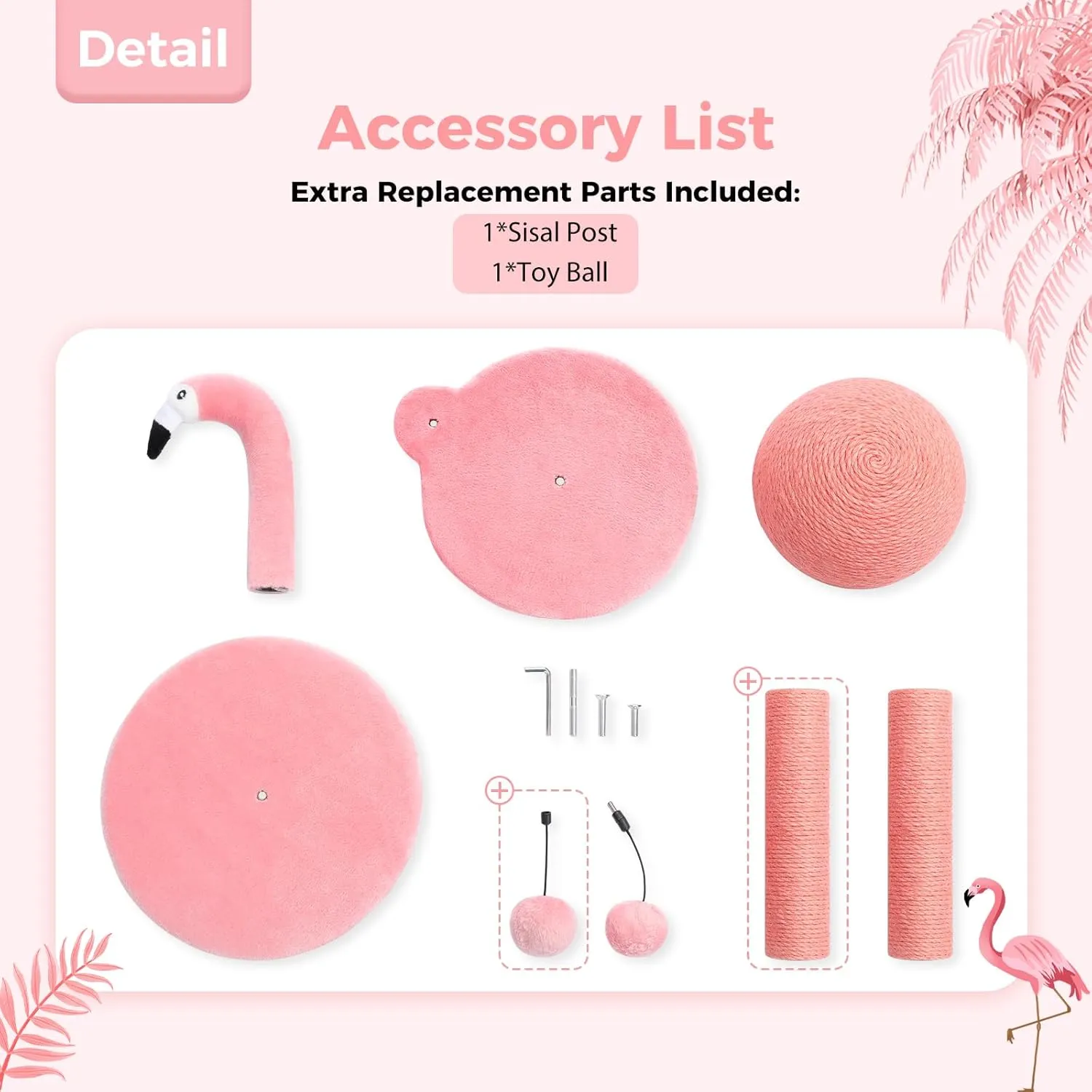 PETEPELA Cat Scratching Post, Pink Cat Scratcher Tree, Flamingos Natural Sisal Cat Scratch Post with Interactive Toy Ball and Extra Replacement Sisal Scratching Pole for Kittens and Small Cats,Pink