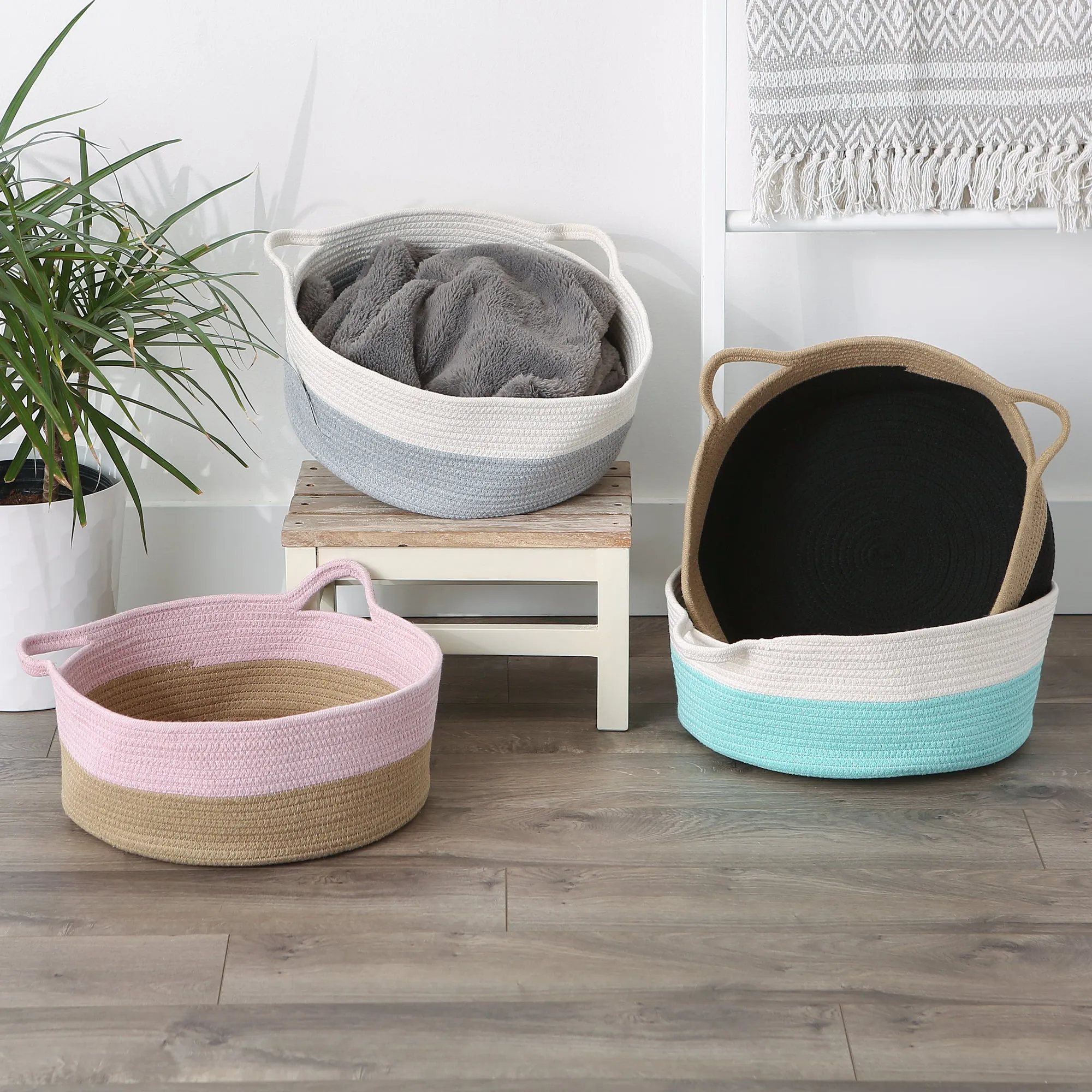 Pink & Beige Cotton Rope Cat Ears Pet Basket