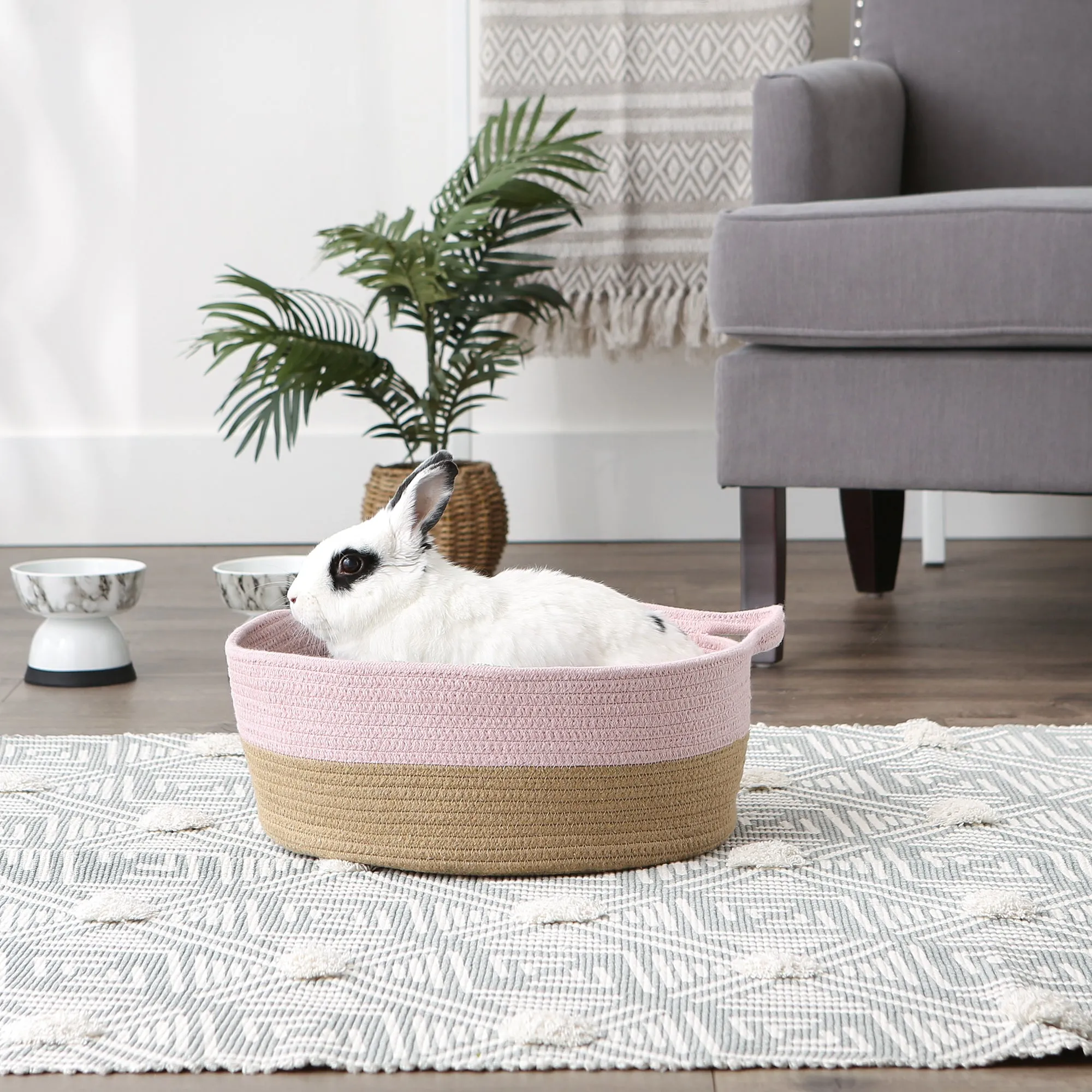 Pink & Beige Cotton Rope Cat Ears Pet Basket