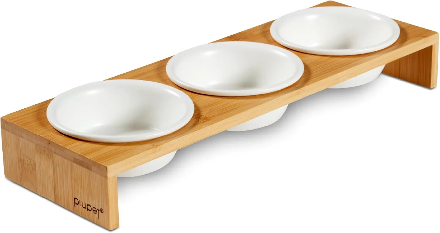 PiuPet Cat Bowls for Indoor Cats 8.5 fl oz with Rack, Set of 3 Bowls for Cats and Small Dogs, White Ceramic Cat Bowls with Stylish and Non-Slip Bamboo Frame I Ergonomic Kitten Bowls for Easy Cleaning
