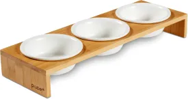 PiuPet Cat Bowls for Indoor Cats 8.5 fl oz with Rack, Set of 3 Bowls for Cats and Small Dogs, White Ceramic Cat Bowls with Stylish and Non-Slip Bamboo Frame I Ergonomic Kitten Bowls for Easy Cleaning