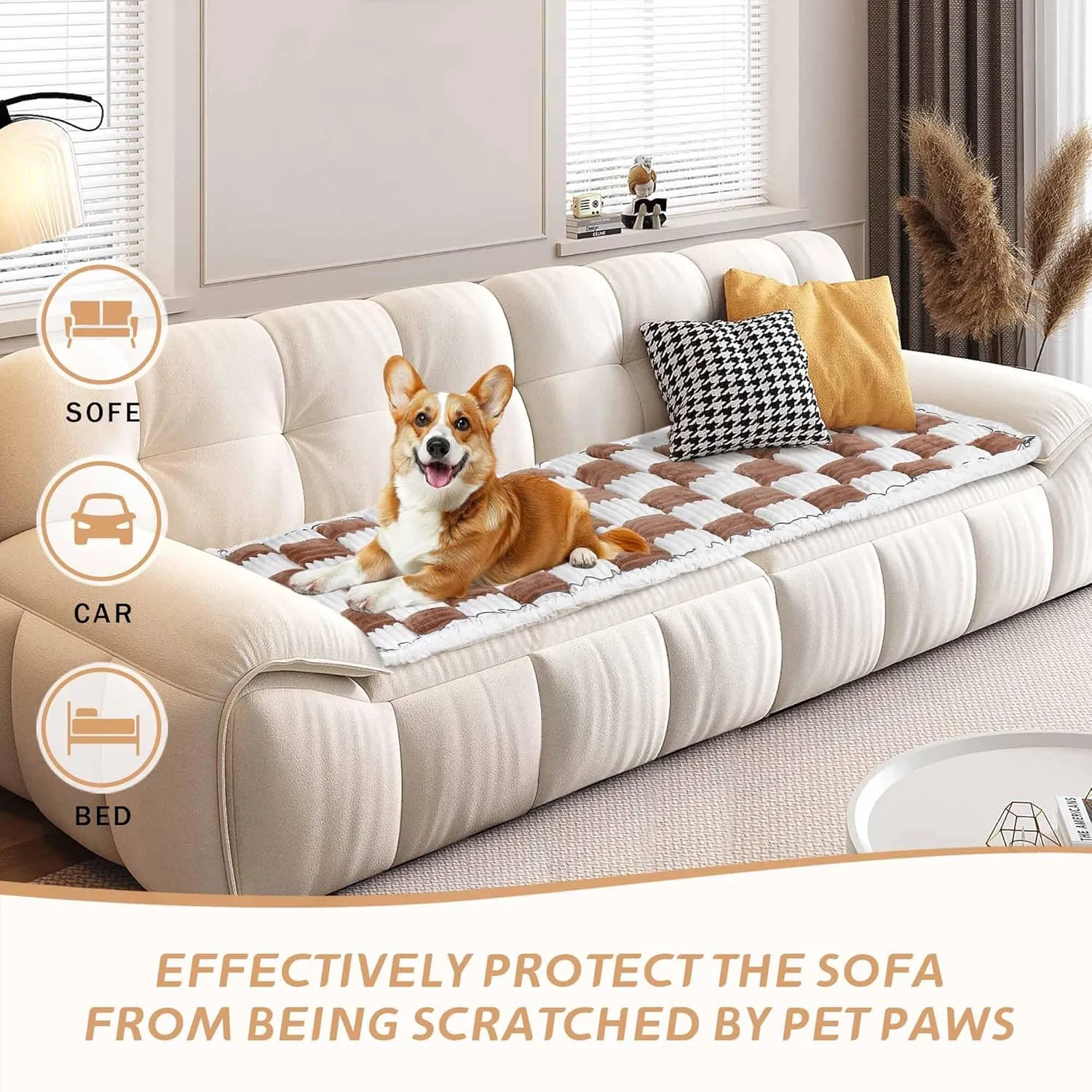 Plaid Pet Couch Mat Dog Couch Covers Non Slip Washable, Soft Checkered Sofa Pad for Furniture with Non Slip Bottom, Quilted Plaid Pet Mat Blankets for Window Floor Camping Car