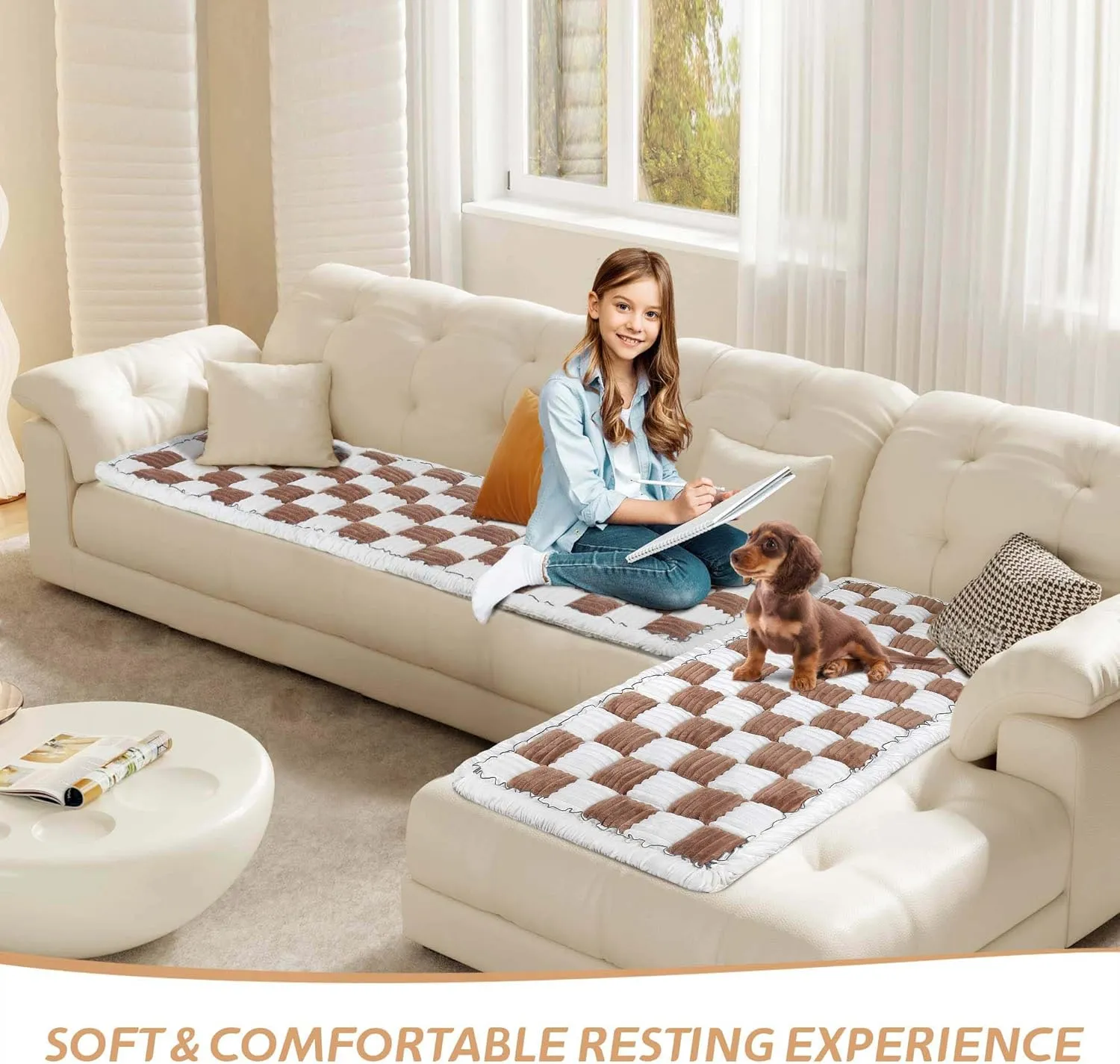 Plaid Pet Couch Mat Dog Couch Covers Non Slip Washable, Soft Checkered Sofa Pad for Furniture with Non Slip Bottom, Quilted Plaid Pet Mat Blankets for Window Floor Camping Car
