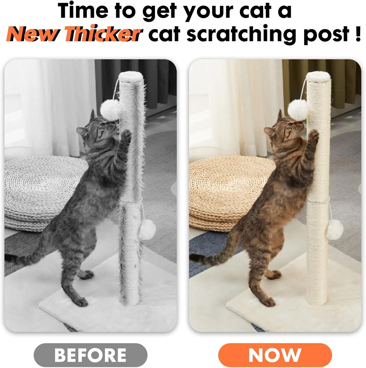 PowerKing Natural Sisal Replacement Scratching Post, 15.7'' 2 Pieces M8 Cat Scratch Post Refill Pole Parts for Refurbishment, Include Screws (White)