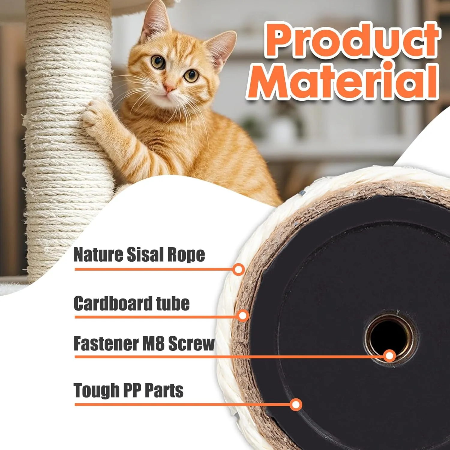 PowerKing Natural Sisal Replacement Scratching Post, 15.7'' 2 Pieces M8 Cat Scratch Post Refill Pole Parts for Refurbishment, Include Screws (White)