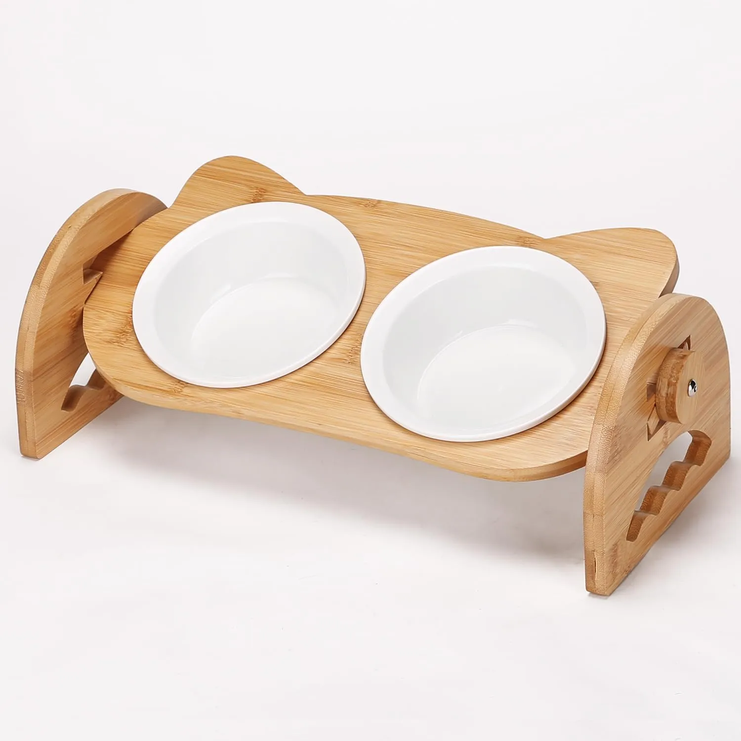 Raised Cat Food Bowls, 2 Elevated Ceramic Bowls 15 Tilted Orthopedic Feeding Dishes Solid Bamboo Pet Bowls Feeder Set for Cats and Puppy Feeding Station Kitty Bowl Set for Food and Water