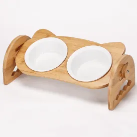 Raised Cat Food Bowls, 2 Elevated Ceramic Bowls 15 Tilted Orthopedic Feeding Dishes Solid Bamboo Pet Bowls Feeder Set for Cats and Puppy Feeding Station Kitty Bowl Set for Food and Water