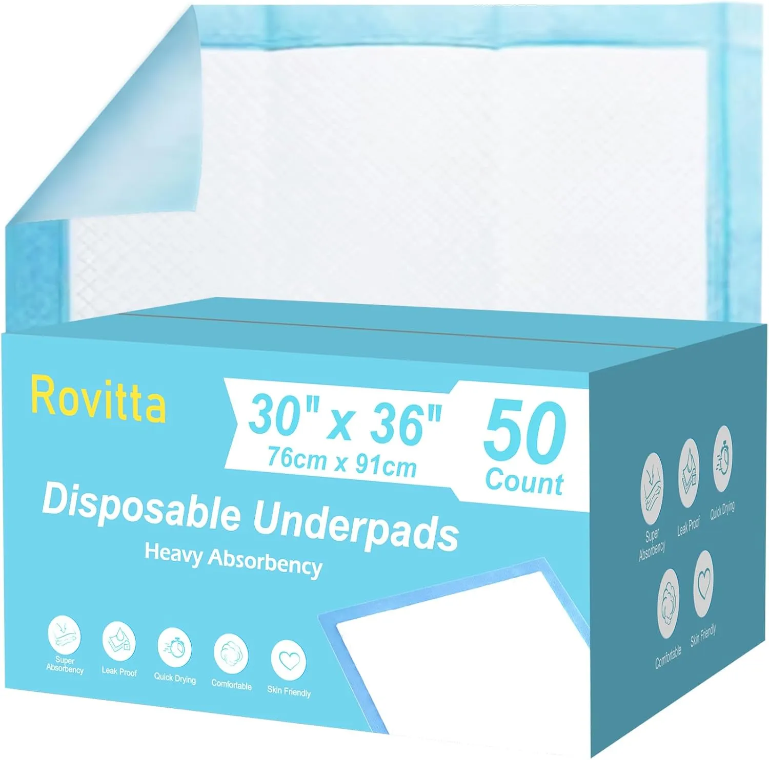 Rovitta 50 Count 30 x 36 Disposable Underpads, Incontinence Chux Pads, Heavy Absorbency Leakproof Bed Protective Pads for Adult, Elderly Care, Senior, Postpartum, Kids and Pets, Multi-Using