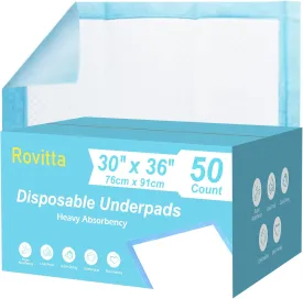 Rovitta 50 Count 30 x 36 Disposable Underpads, Incontinence Chux Pads, Heavy Absorbency Leakproof Bed Protective Pads for Adult, Elderly Care, Senior, Postpartum, Kids and Pets, Multi-Using