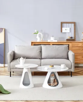 Set of 2 Stylish Coffee Tables with Integrated Cat Beds, Modern Marble-Look Top and Sturdy Steel Base, Pet Lovers