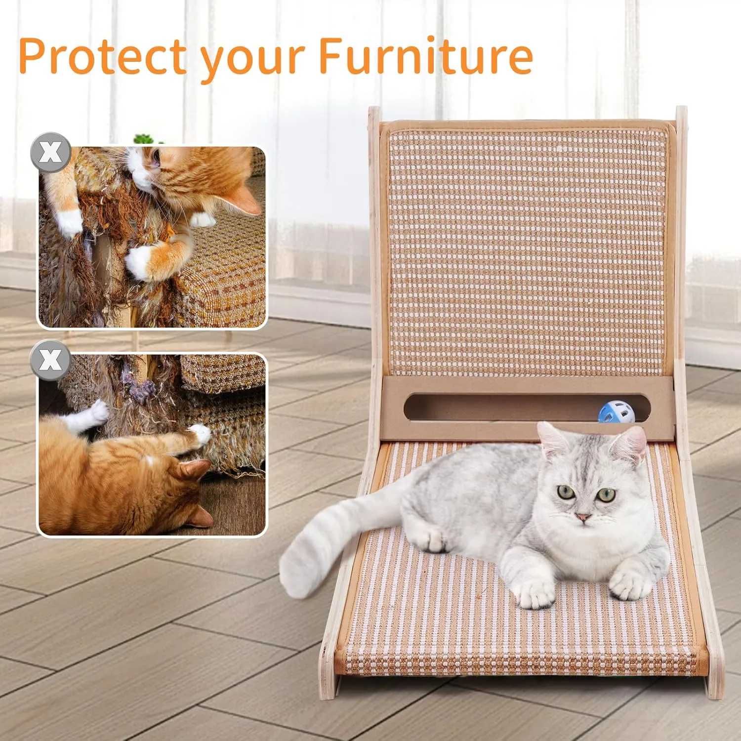 Sisal Cat Scratchers for Indoor Cats, 26.8'' L-Shape Cat Scratching Board, Solid Wooden Cats Scratch Pad with Mouse Toy, Large Cats Scratching Posts to Protect Furniture(Vertical Scratcher)