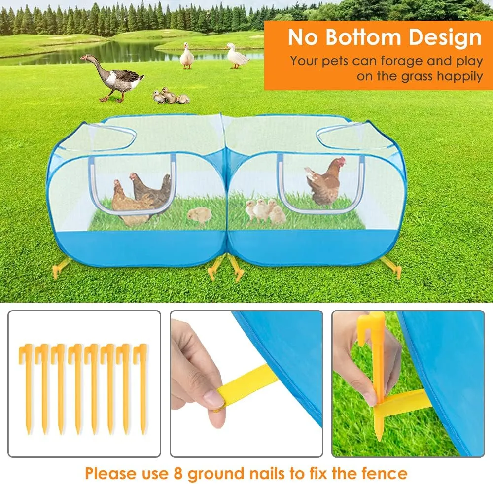 SlowTon Small Animals Playpen, Portable Large Chicken Run Coop with Breathable Transparent Mesh Walls Foldable Pet Cage Tent with 4 Zipper Doors for Puppy Rabbits Outdoor Yard (No Bottom)