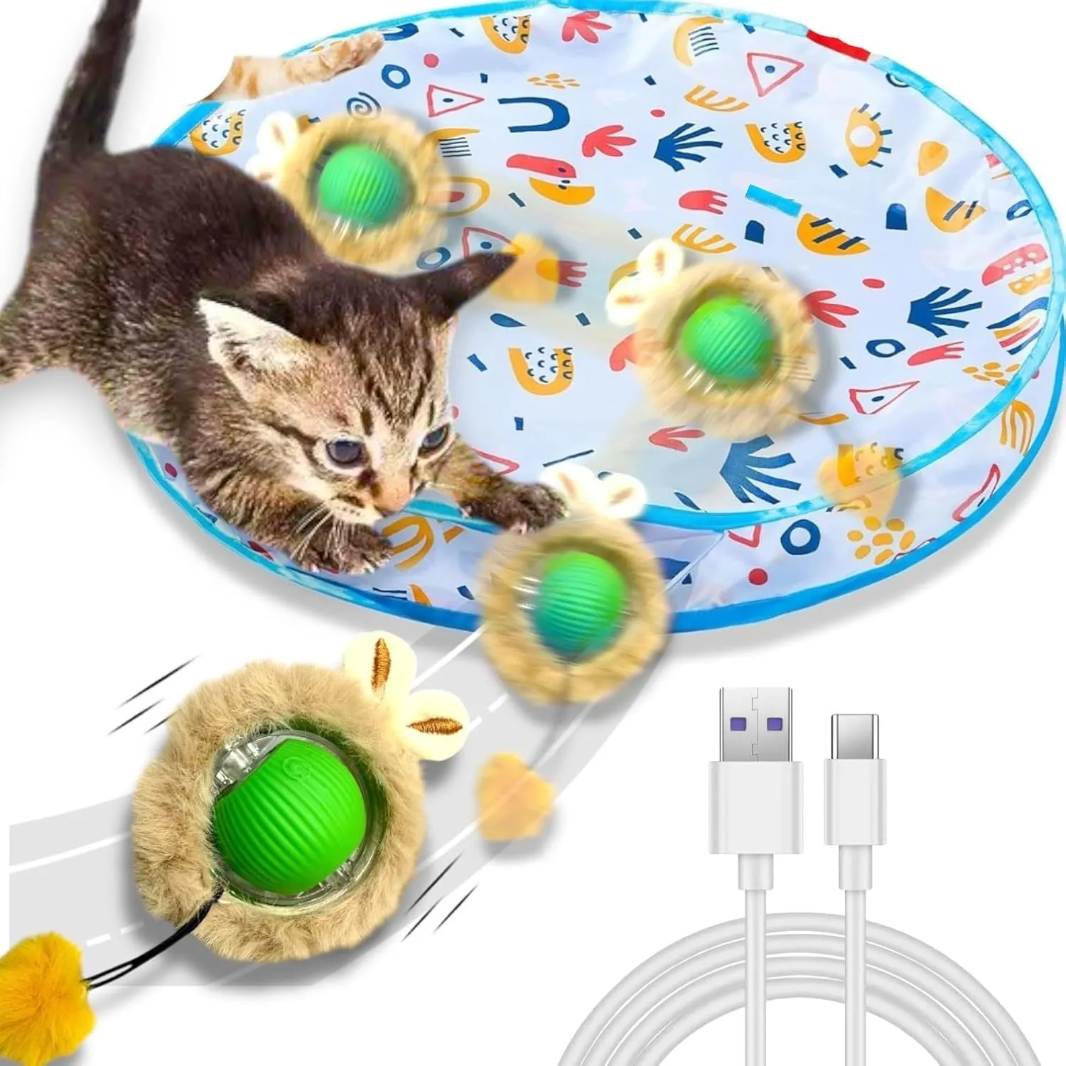 Smart Interactive Cat Toys, Automatic Motion Activated Moving Ball Hide and Seek Game, 28 Inch Play Mat, Fast Rolling Ball for Indoor Exercise Kicker, Fun Cat Toy Gift, Chirping Bird Sound
