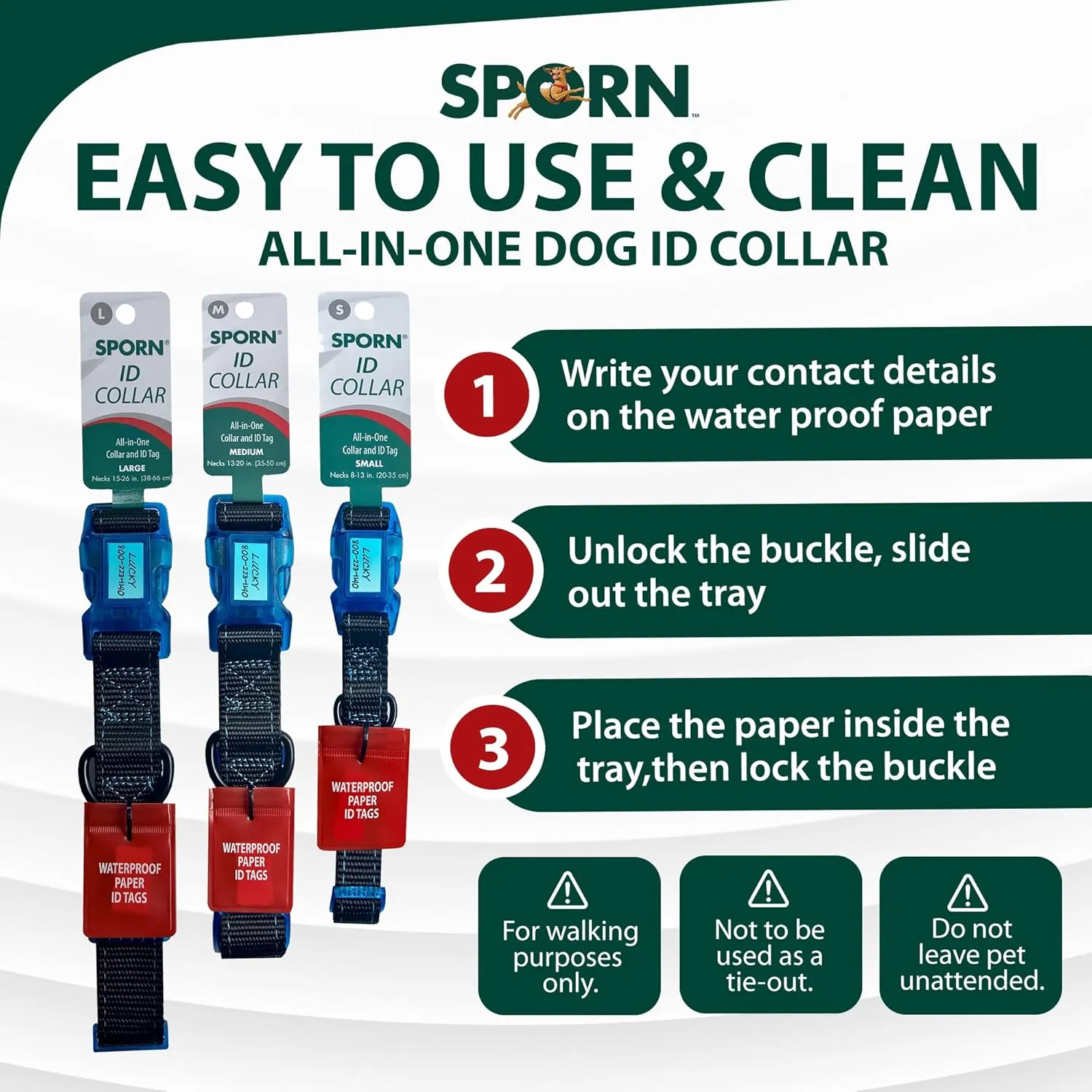 Sporn Dog ID Collar for Large Dogs, Black & Blue Small Dog Collar Made of Nylon with Contrasting Colored Stitiching, Dog Collars for Large Dogs Includes 3 Pcs Prefolded Waterproof Paper
