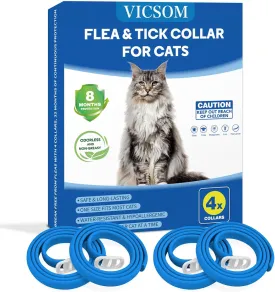 VICSOM 4 Pack Flea and Tick Collar for Cats 32 Months Prevention Treatment, Waterproof Adjustable, Natural Anti Flea Collar for Kitten, Blue