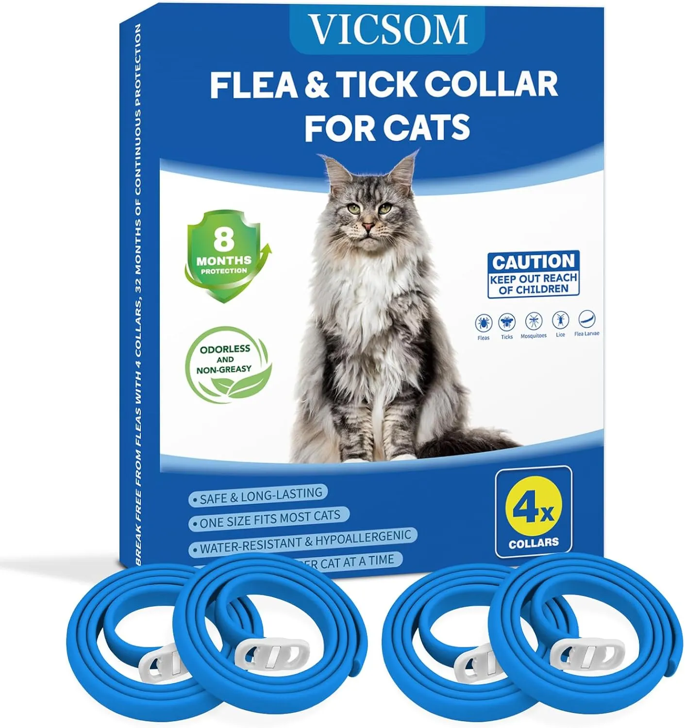 VICSOM 4 Pack Flea and Tick Collar for Cats 32 Months Prevention Treatment, Waterproof Adjustable, Natural Anti Flea Collar for Kitten, Blue