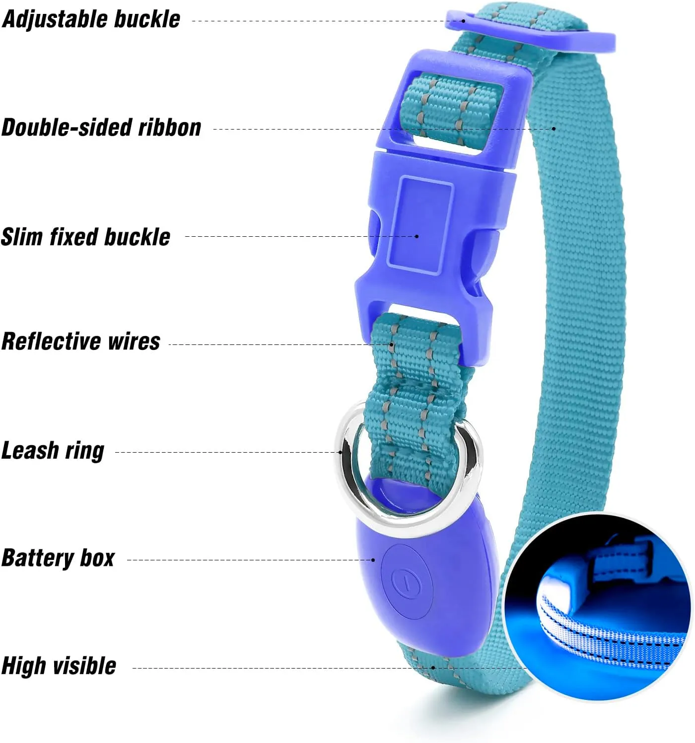 Visinite Light Up Dog Collars for Small Dogs,LED Dog Collar Light Rechargeable,Fully Adjustable Lighted Dog Collar,Glow in The Dark Dog Collars with Dog Lights for Night Walking,Blue