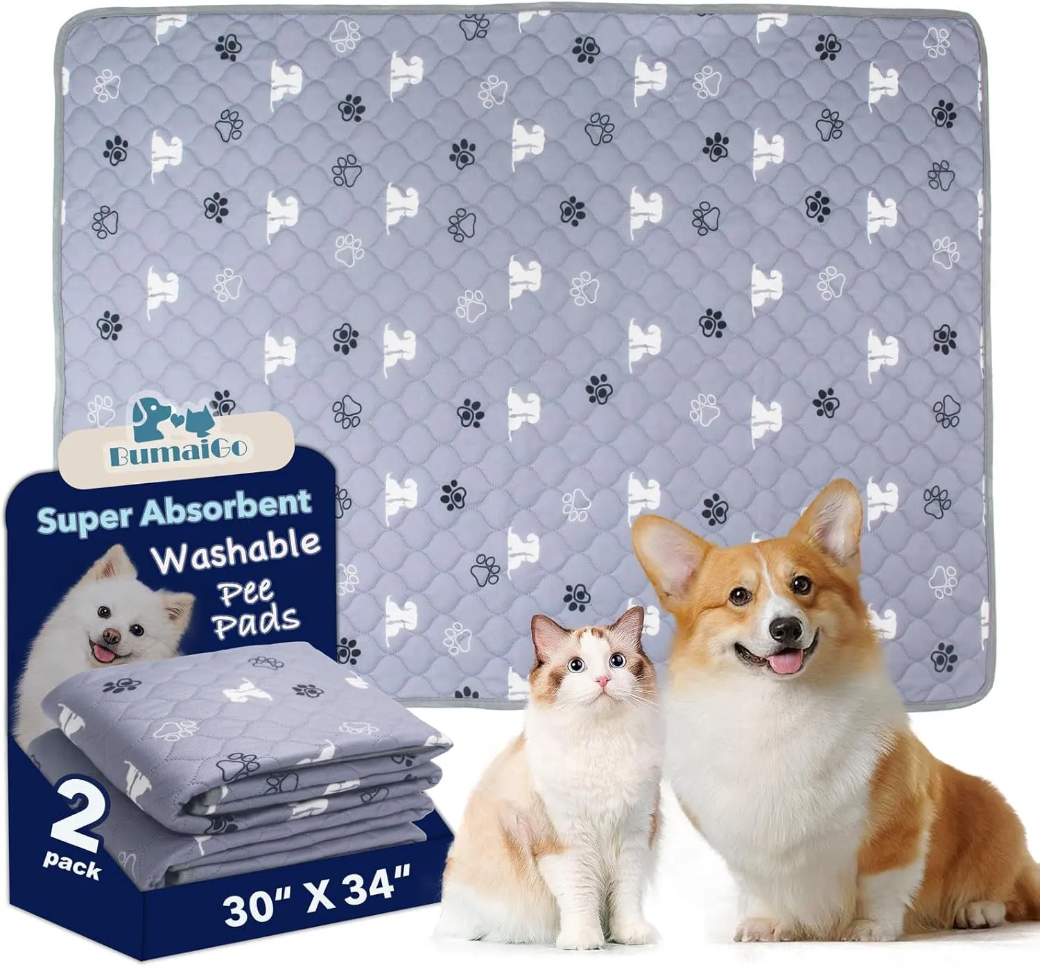 Washable Pee Pads for Dogs, 2 Pack 30"x34" Reusable Puppy Pads Super Absorbent Non-Slip Leakproof Training Mats Waterproof Pet Training Pads for Puppy Playpen, Crate, Whelping