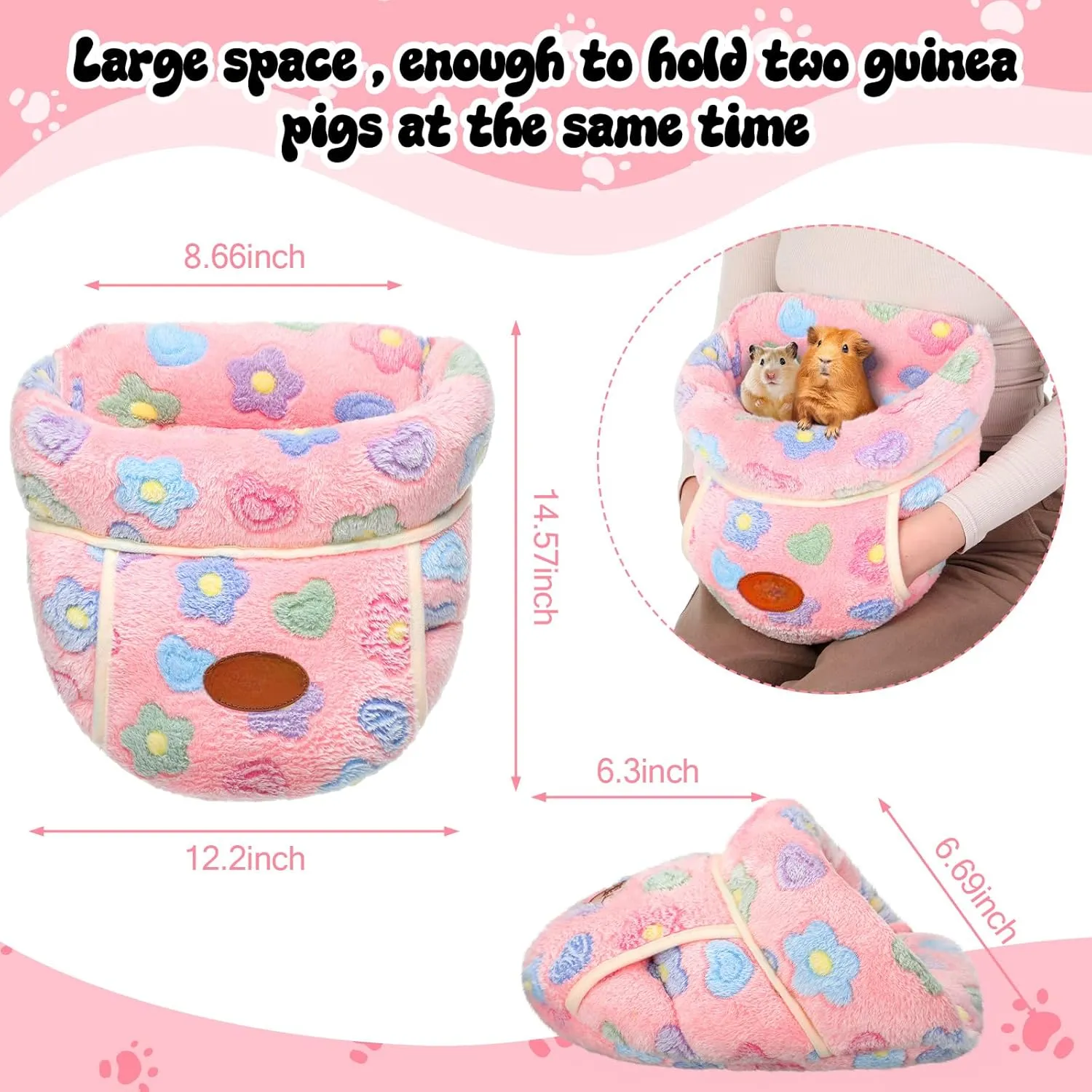 Wenqik 2 Pcs Guinea Pig Bed Cuddle Warm Hideout Small Animal Sack Cozy House Bedding Sleeping Cushion Portable Pet Carrier Cage Nest for Rabbit Hamster Rat (Green, Pink,Flowers)