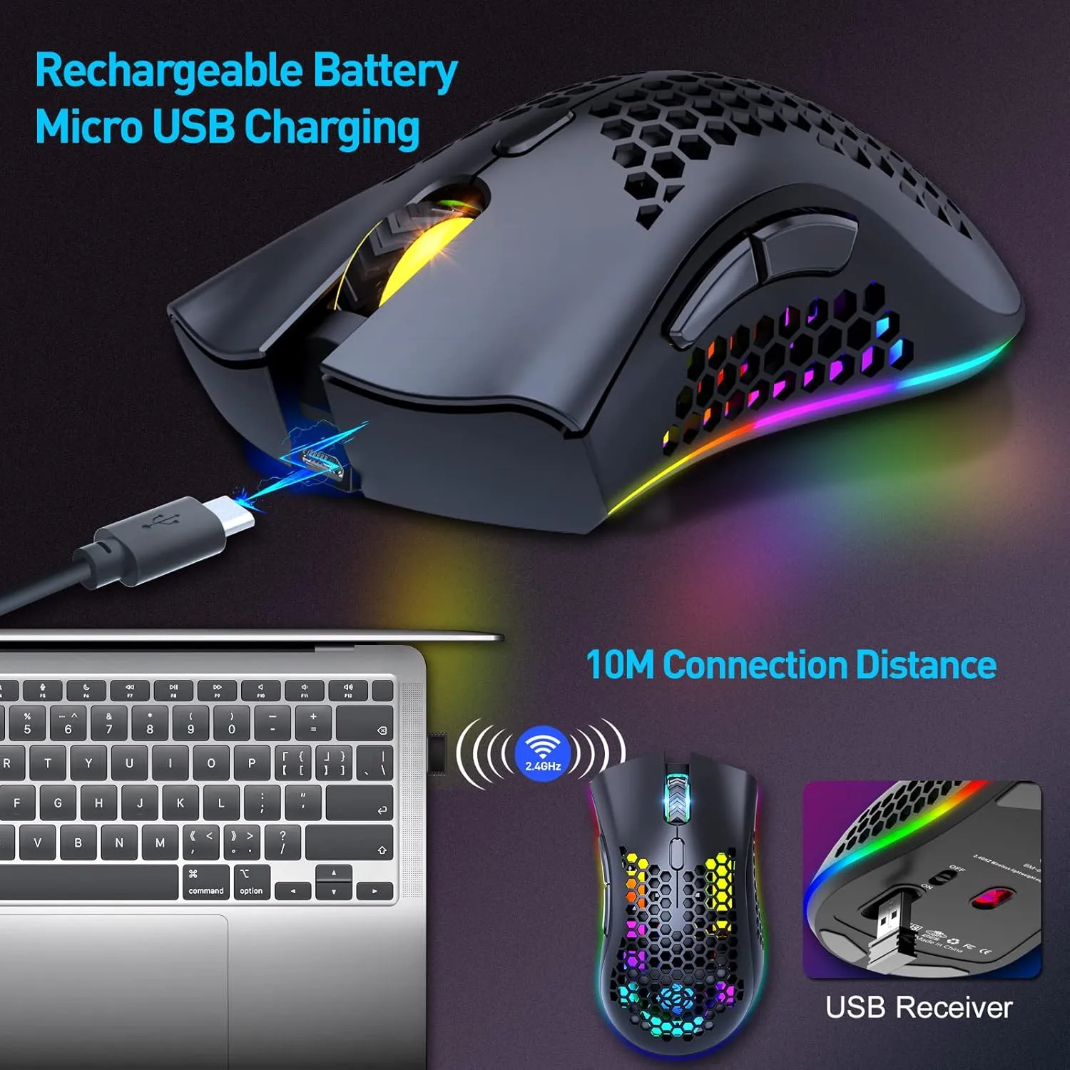 Wireless Gaming Mouse - Lightweight Honeycomb Design, Rechargeable RGB Backlight Computer Mouse with USB Receiver, Adjustable DPI, 2.4GHz Wireless for PC/Mac/Laptop