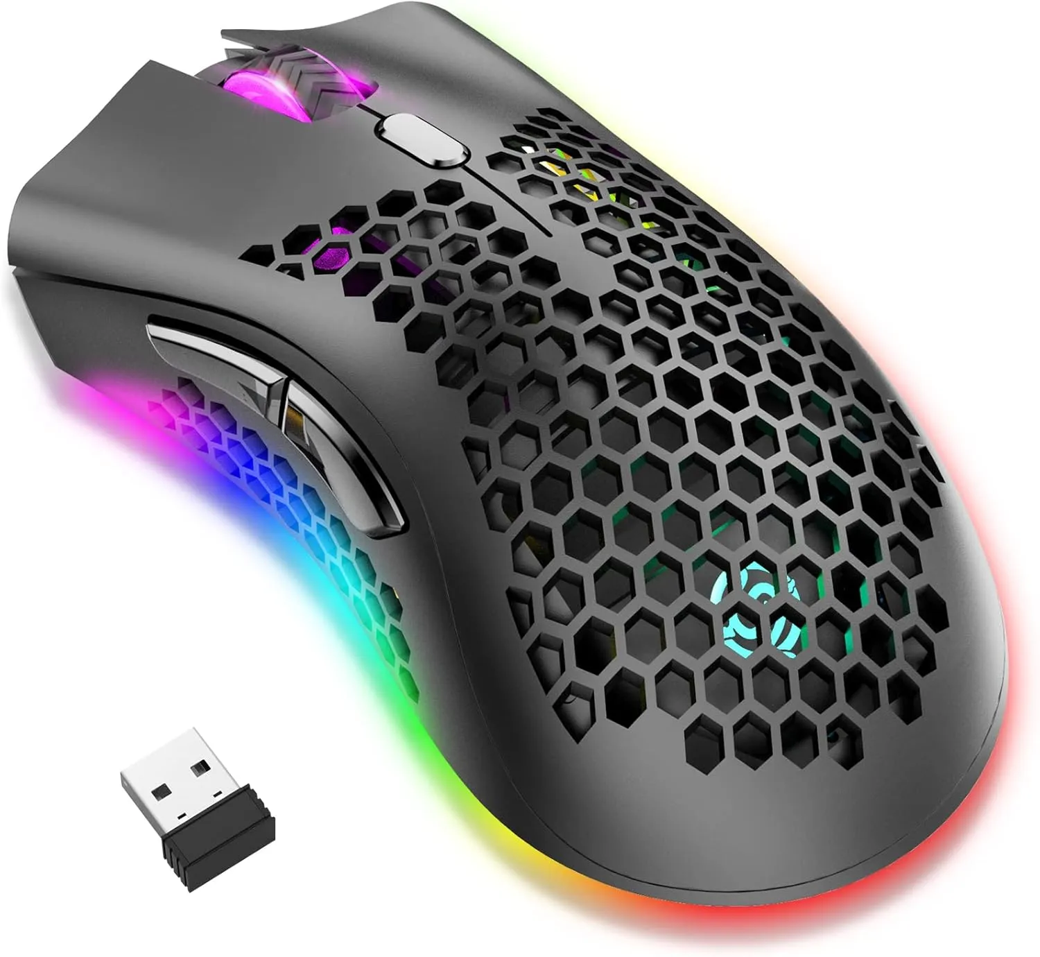 Wireless Gaming Mouse - Lightweight Honeycomb Design, Rechargeable RGB Backlight Computer Mouse with USB Receiver, Adjustable DPI, 2.4GHz Wireless for PC/Mac/Laptop