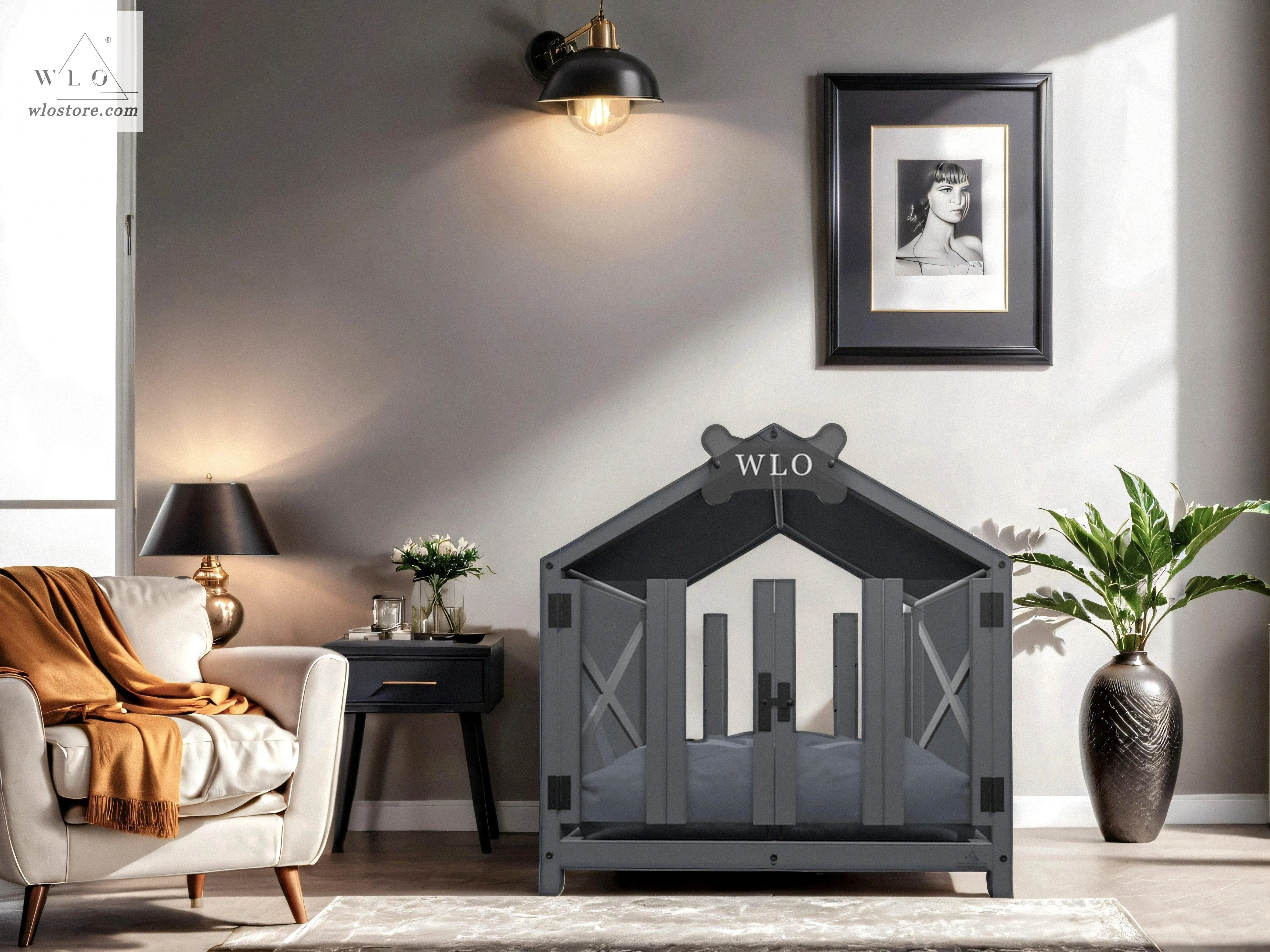 WLO® Gray Gabled Elevated Modern Dog House