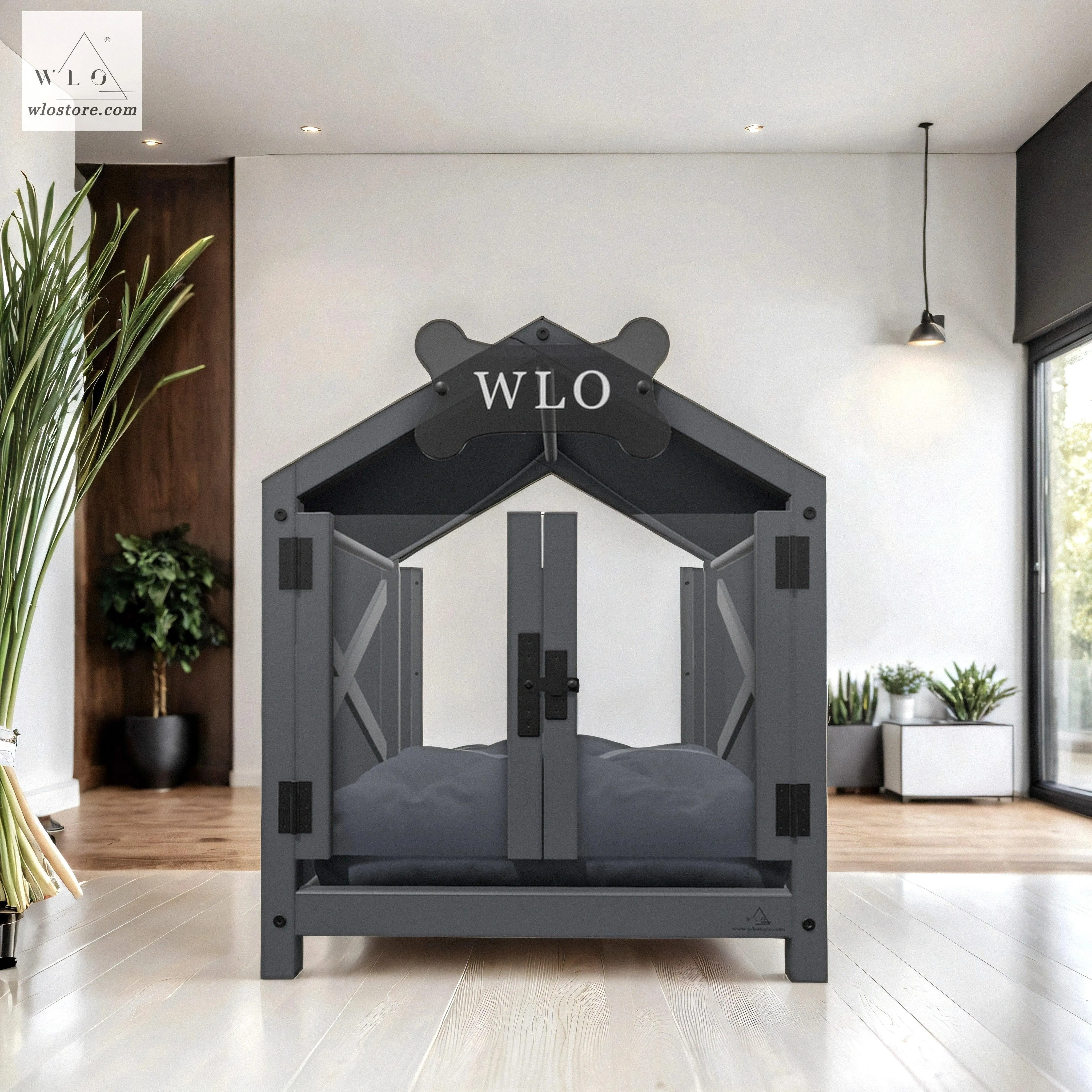 WLO® Gray Gabled Elevated Modern Dog House