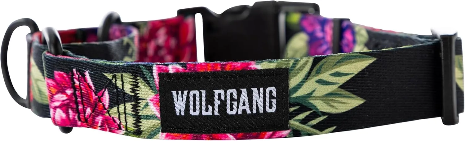 Wolfgang Heavy Duty Martingale Dog Collar with Quick Release Nylon Buckle for Walking & Training, DarkFloral Print, Medium
